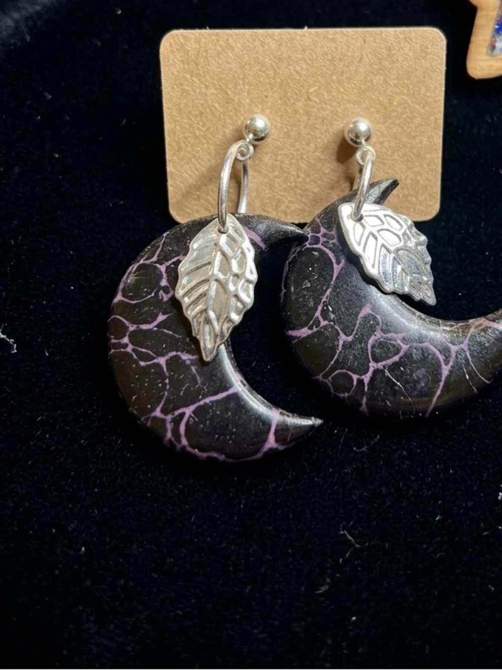 Black and Purple Crescent Moon Drop Earrings with Silver Leaf Accent